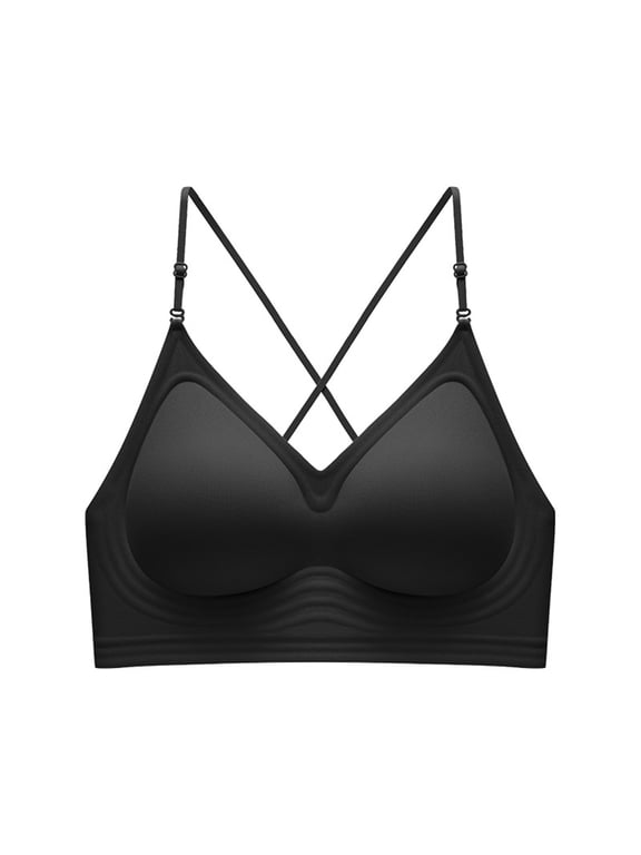 Seamless Low Back Bra Wireless Padded Bralette Thin Straps Comfort Halter Backless Cross Convertible Bras,Backless Bra,Bra for Low Back Dress,V Plunge Invisible Bras,Push Up Bra for Women Black