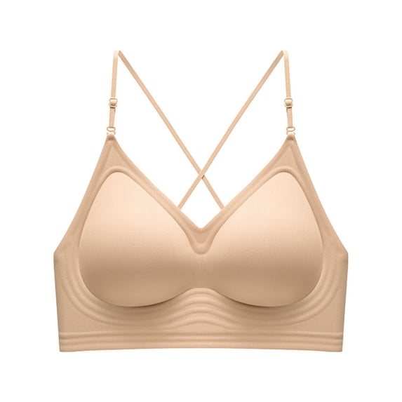 Luysn Seamless Low Back Bra Wireless Padded Bralette Thin Straps Comfort Halter Backless Cross Convertible Bras,Backless Bra,Bra for Low Back Dress,V Plunge Invisible Bras,Push Up Bra for Women Beige