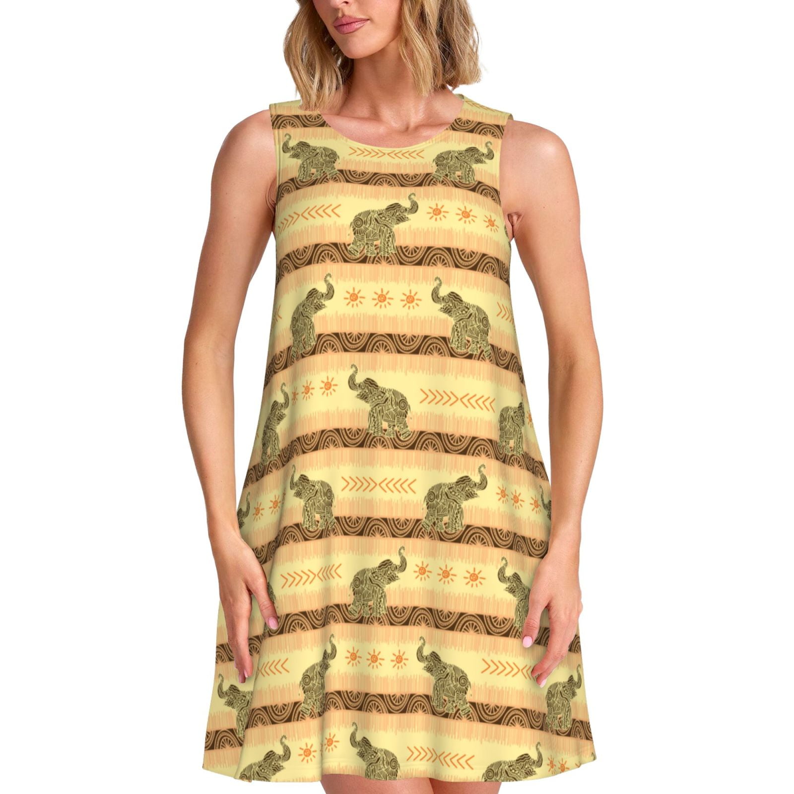 Luyuia African tribal elephant Print Women's Summer A-Line Sleeveless ...