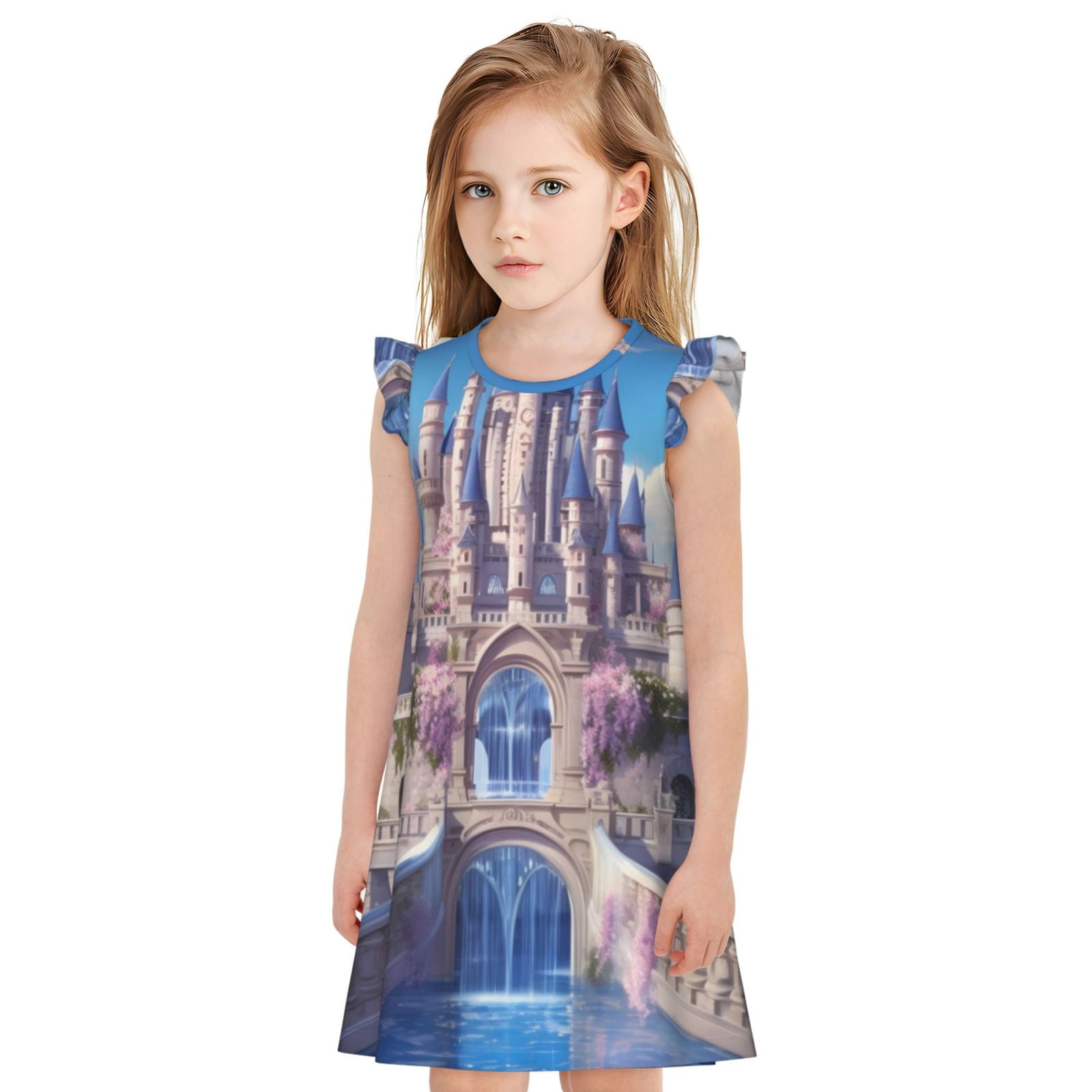 Luyuia Majestic Fantasy Castle Print Girls' Princess Nightgown, Flutter ...