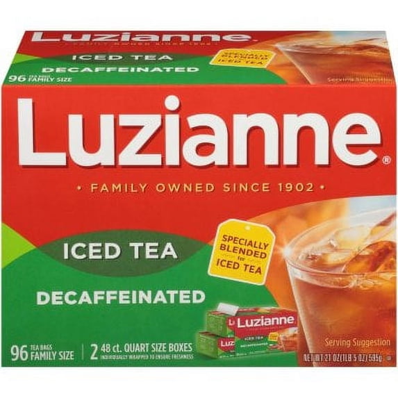 Luzianne Decaffeinated Iced Tea, 96 family size tea bags, 2 packs of 48 quart size boxes