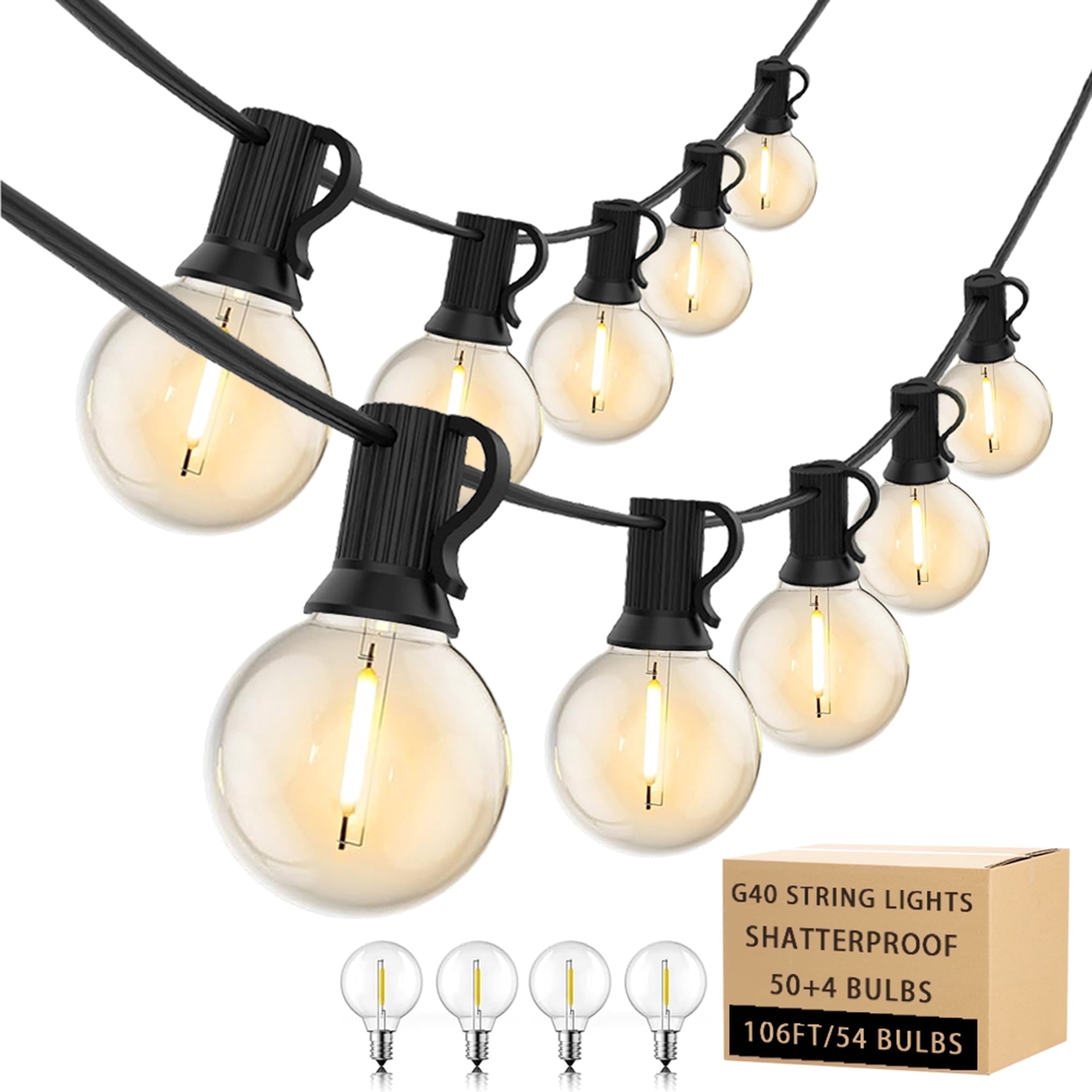 Luziki Lighting 106 Ft Outdoor LED String Lights with 54 G40 Vintage Edison Bulbs (2700K Warm White) - Waterproof, Connectable, for Patio, Garden, Pergola, Bistro, Café & Backyard - Black Wire