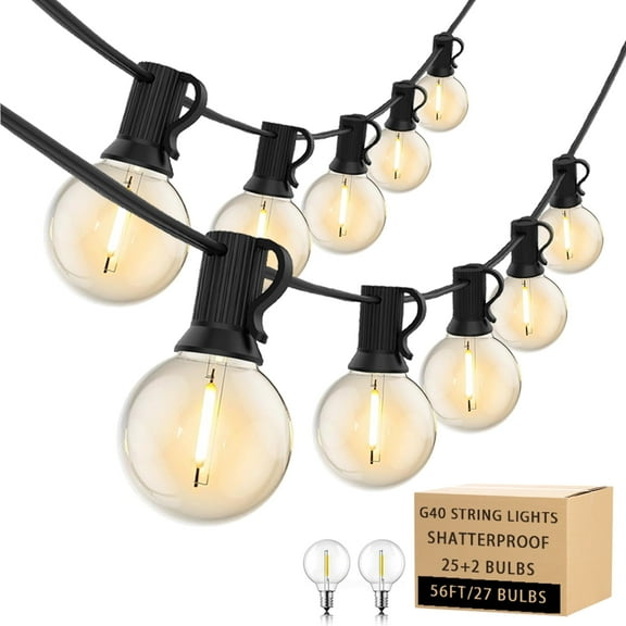 Luziki Lighting 56 Ft Outdoor LED String Lights with 27 G40 Vintage Edison Bulbs (2700K Warm White) - Waterproof, Connectable, for Patio, Garden, Pergola, Bistro, Caf & Backyard - Black Wire
