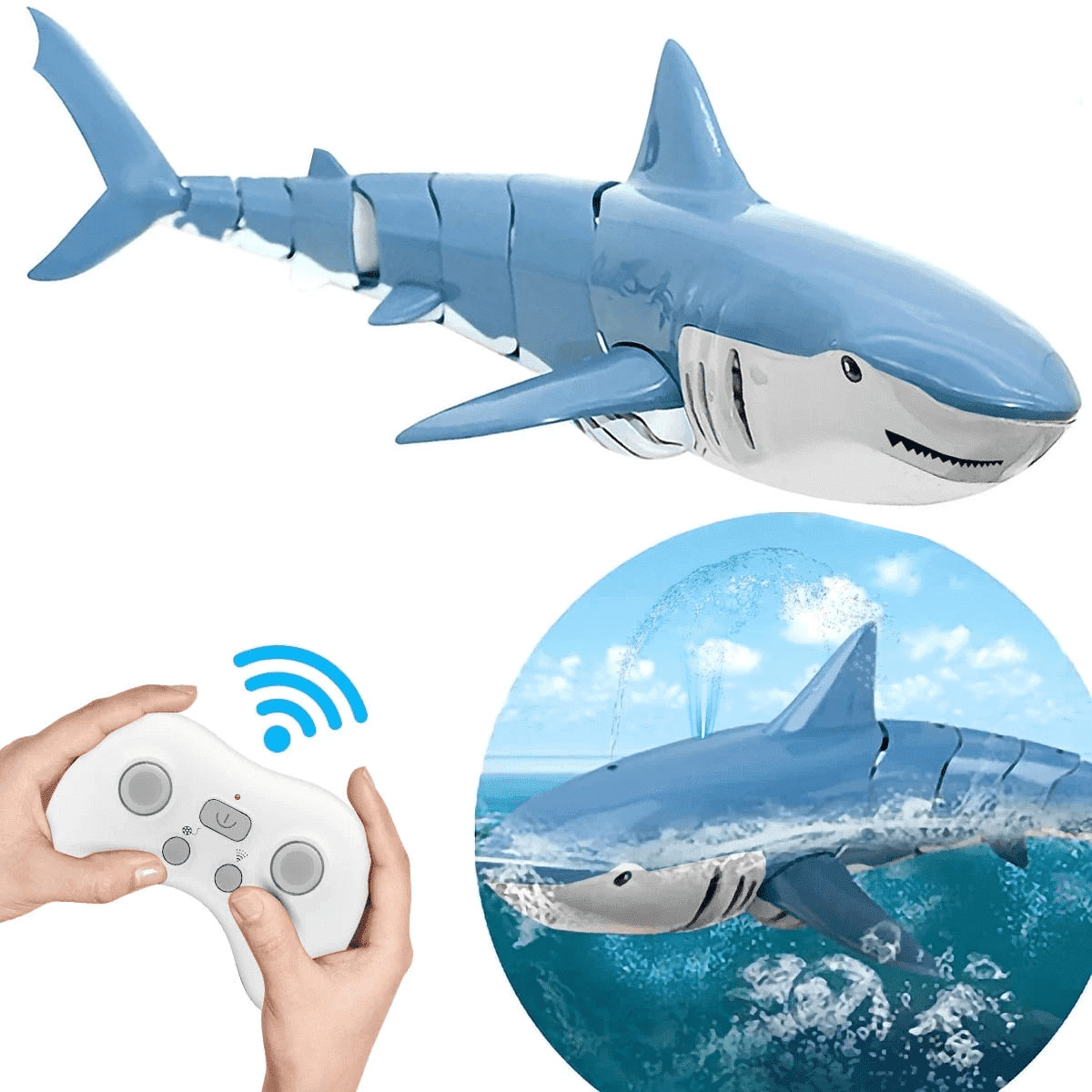 Lvelia 2.4Ghz Remote Control Shark Toys for Boys Girls,1:18 Scale High Simulation Shark for Pool, Electric RC Shark Fish Toys with Light & Spray Water Function for Kids Ages 6+,Blue