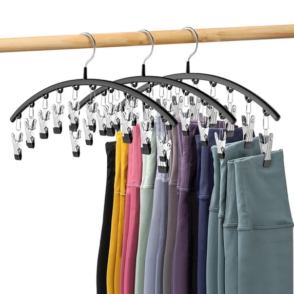 Lvelia 3 Pack Skirt Pants Hangers with Clips, Legging Organizer for Closet Hanging with 10 Cilps Holds 30 Leggings/Shorts/Jeans/Skirts Pants Hangers Space Saving Closet Organizers and Storage,Black