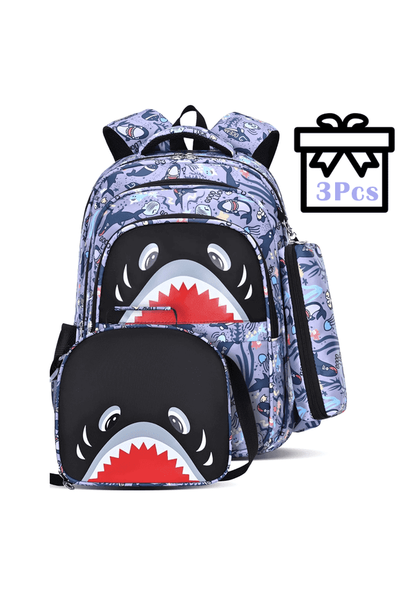 3PCS School Backpack Set,Large Capacity Waterproof Kids Backpack with Insulated Lunch Bag & Pencil Case,Shark Printed