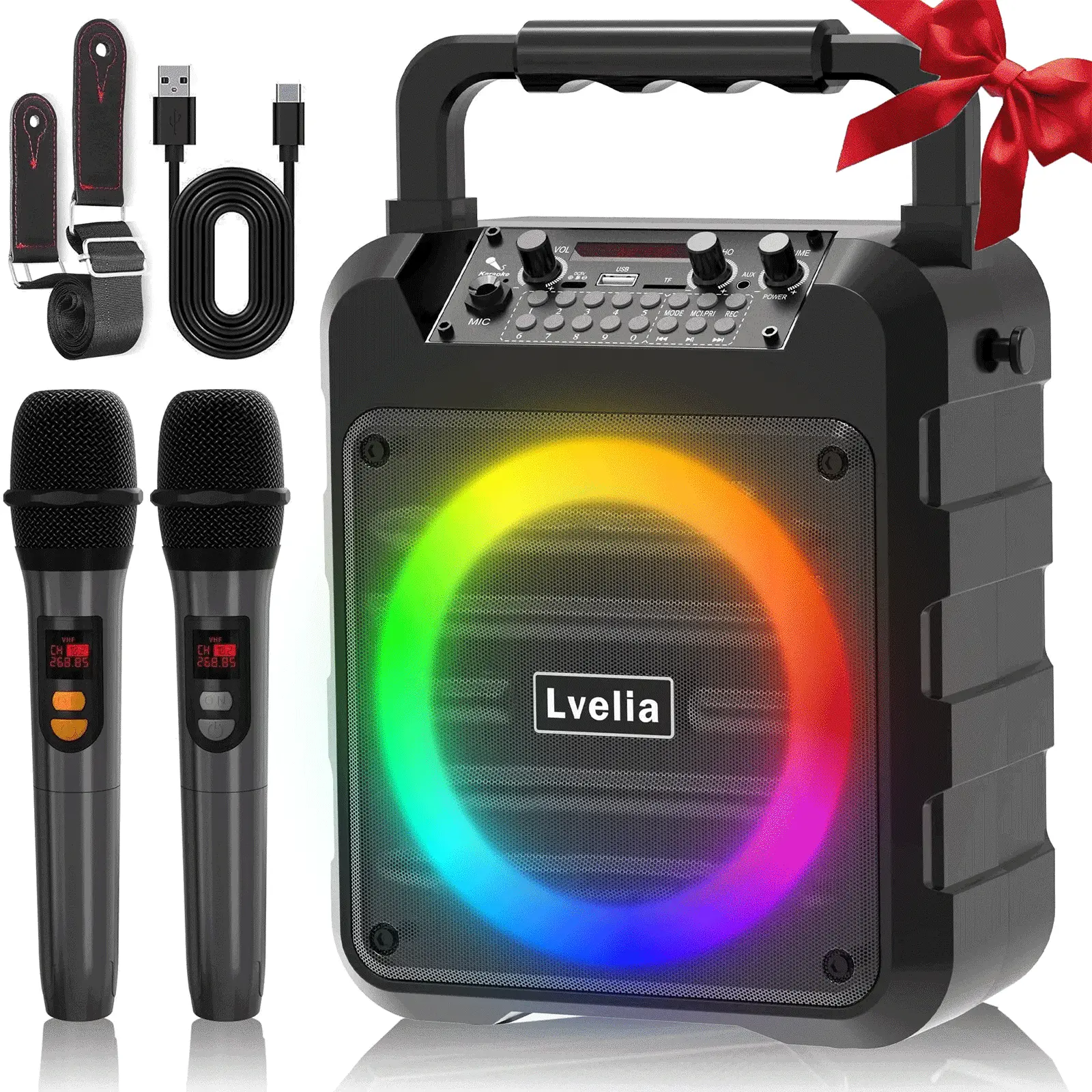 Lvelia Karaoke Machine for Adult and Kids,Home Singing Machine with 2 Wireless Microphones,Portable Bluetooth Karaoke Speaker with RGB Lights for Party