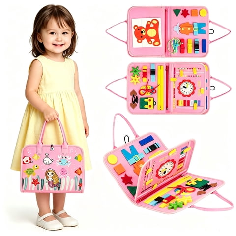 Lvelia Busy Board Montessori Toys for Toddler Girl Birthday Gifts, Busy Book Sensory Learning Toys for Toddlers, Educational Learning Toy for Airplane Car Travel, Pink