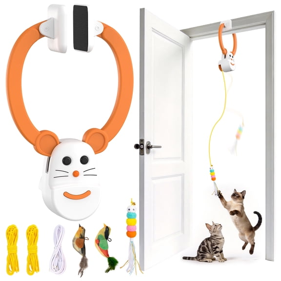 Lvelia Cat Toys Hanging Door Automatic Cat Toy Interactive Elastic Rope with Flying Bird & Caterpillar,Cat Catching Game Door Hanger,Self Play Cat Toys,Orange