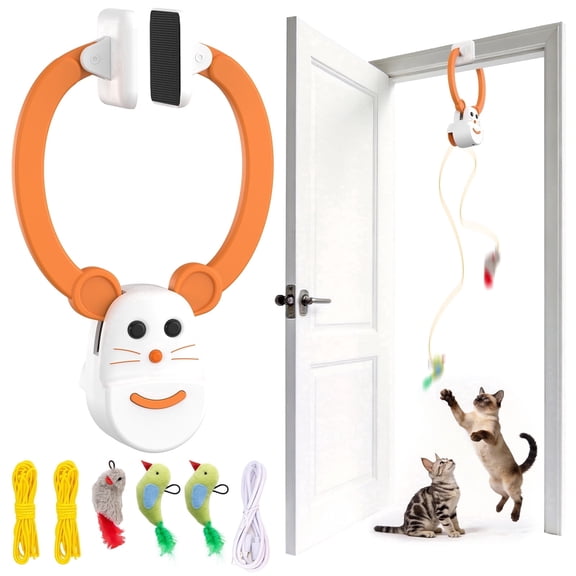 Lvelia Cat Toys Hanging Door Automatic Cat Toy Interactive Elastic Rope with Flying Bird & Mouse,Cat Catching Game Door Hanger,Self Play Cat Toys,Orange
