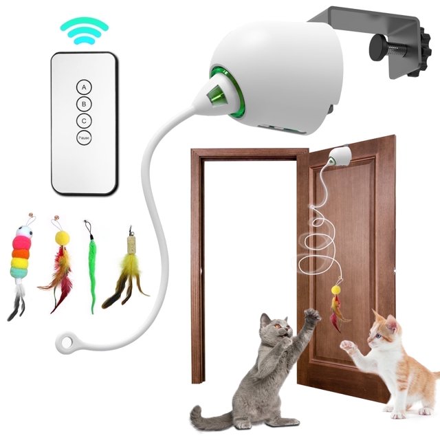 Lvelia Cat Toys Hanging Door Automatic Cat Toy Interactive Elastic Rope with Feather,Detachable Cat Teaser,Cat Catching Game Door Hanger,Self Play Cat Toys,White