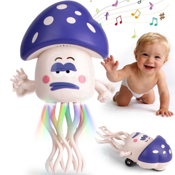 Lvelia Electric Dancing Mushrooms Baby Toy, Musical Light-up Crawling Toy with Obstacle Avoidance, Sensory Tummy Time Toy for Newborn & Toddler (Blue)
