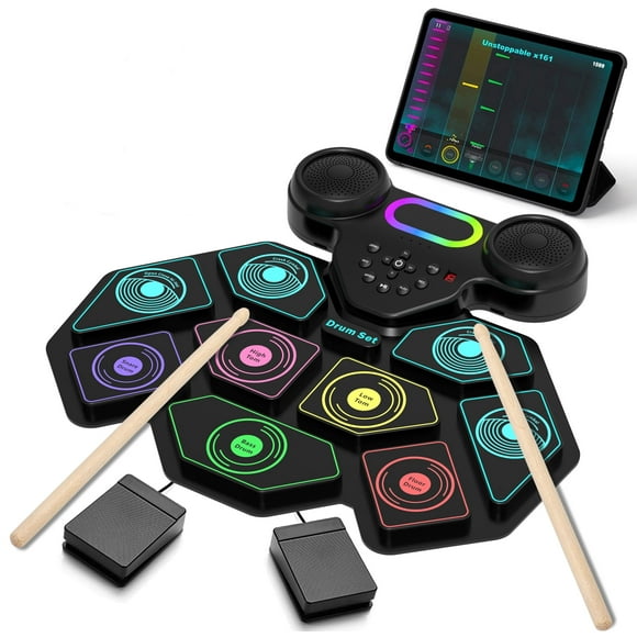 Lvelia Electronic Drum Set for Kids Adults,9-Pads Roll-up Drum Pad Electric Drum Set with Headphone Jack Built-in Speaker Sticks Foot Pedals for Christmas Birthday Gift