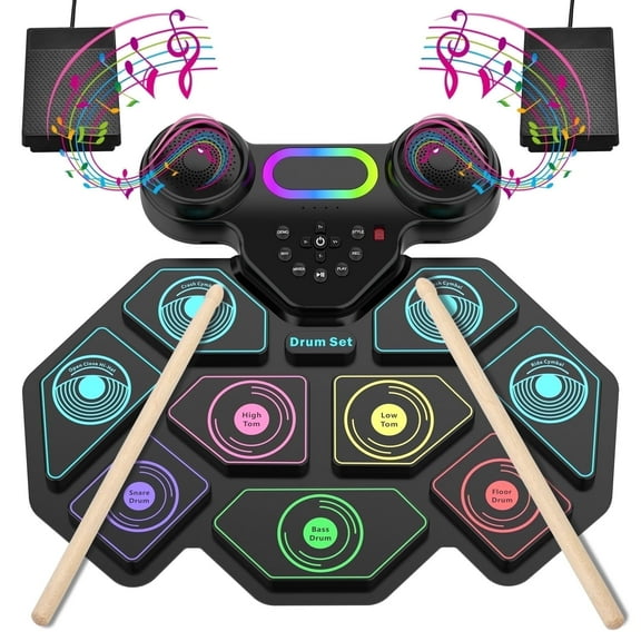 Lvelia Electronic Drum Set for Kids Adults,9-Pads Roll-up Drum Pad Electric Drum Set with Headphone Jack Built-in Speaker Sticks Foot Pedals,Perfect Gift
