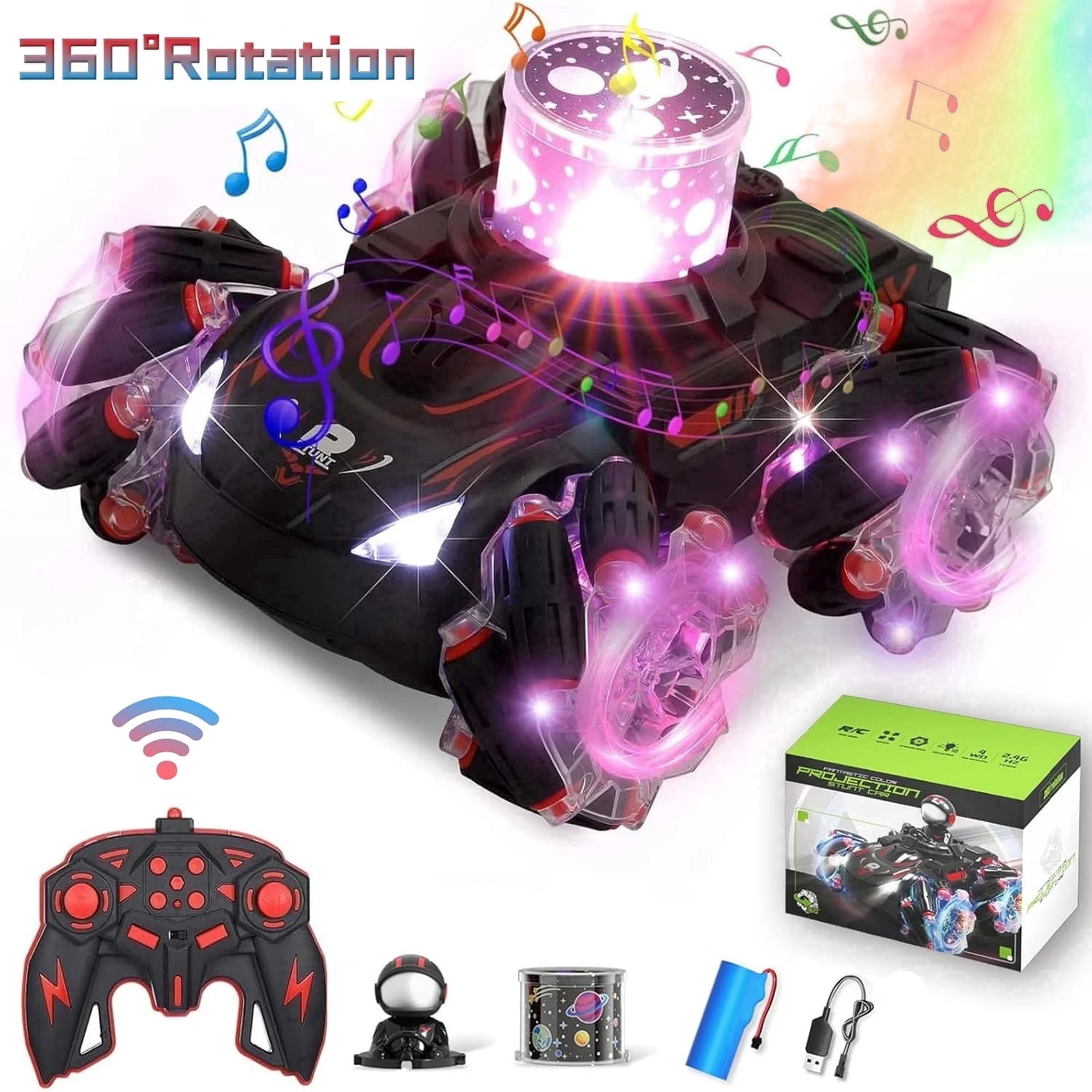 Lvelia Remote Control Cars,2.4Ghz RC Stunt Cars with Light Projection & Spray, 4WD off Road Drift Toys for Age 8-12 Kids Boys Birthday Gift