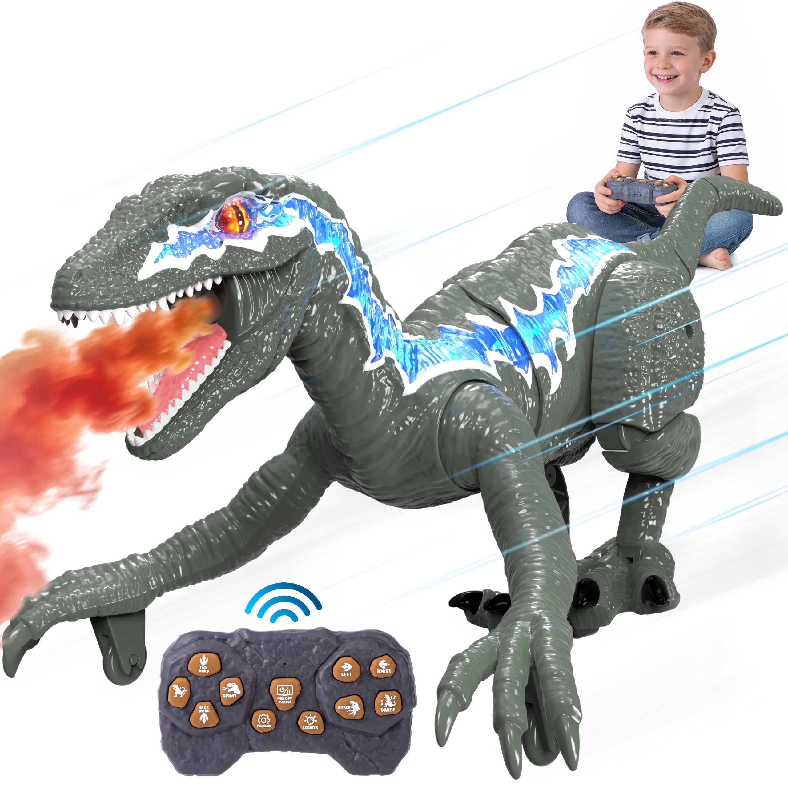Lvelia Remote Control Dinosaur Toys for Kids,Big Walking Velociraptor Dino with Light and Sound, Birthday Gift Ideas for Boys and Girls 3-12 Year Old,Grey