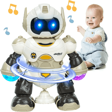 Lvelia Robot Toys for Babies,Electric Baby Toys for 1-3 Years Old Boy Rotating Robot Crawling Toys Light up & Musical Toys,Brown