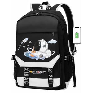 Mochilas escolares para niños, bolso escolar de moda de gran capacidad, impermeable con puerto de carga USB, estampado de astronauta en negro