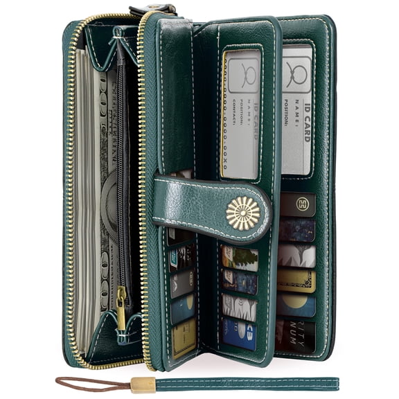 Lvelia Wallets for Women Genuine Leather Credit Card Holder with Zipper Pocket RFID Blocking Large Capacity Wristlet(Blue)