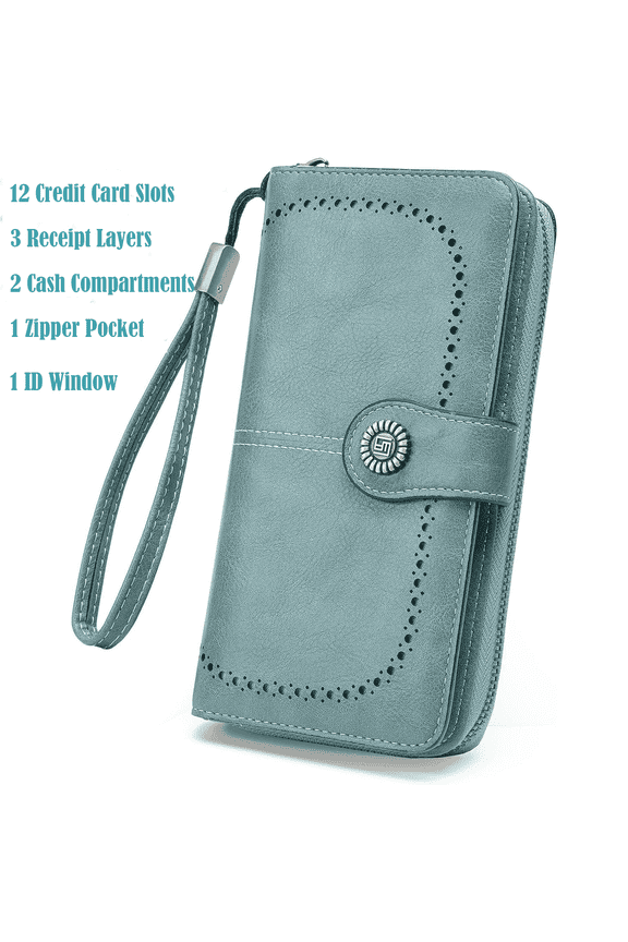 Wallets for Women Genuine Leather Credit Card Holder with Zipper Pocket RFID Blocking Large Capacity Wristlet(Blue)