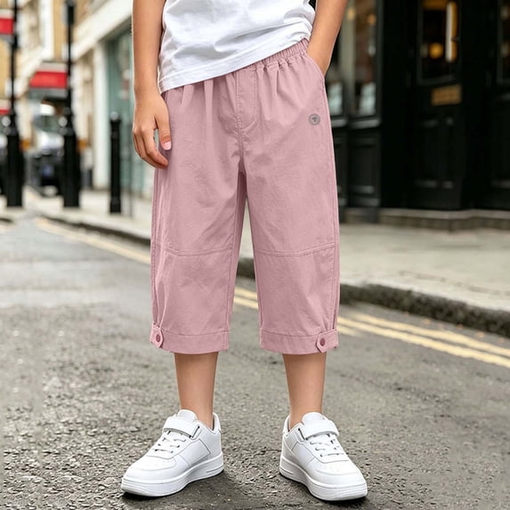 LvhaoGJOB Kids' Casual Pants - Soft, Elastic Waist & Pockets - Pink 9-10 Years