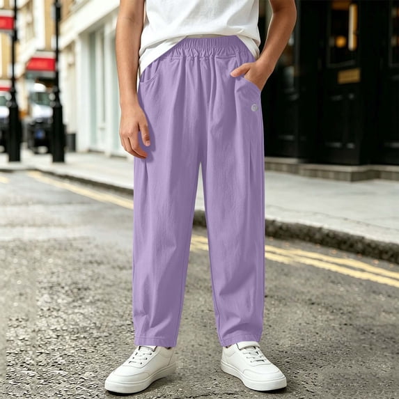 LvhaoGJOB Kids' Casual Pants - Soft, Elastic Waist & Pockets - Purple 9-10 Years