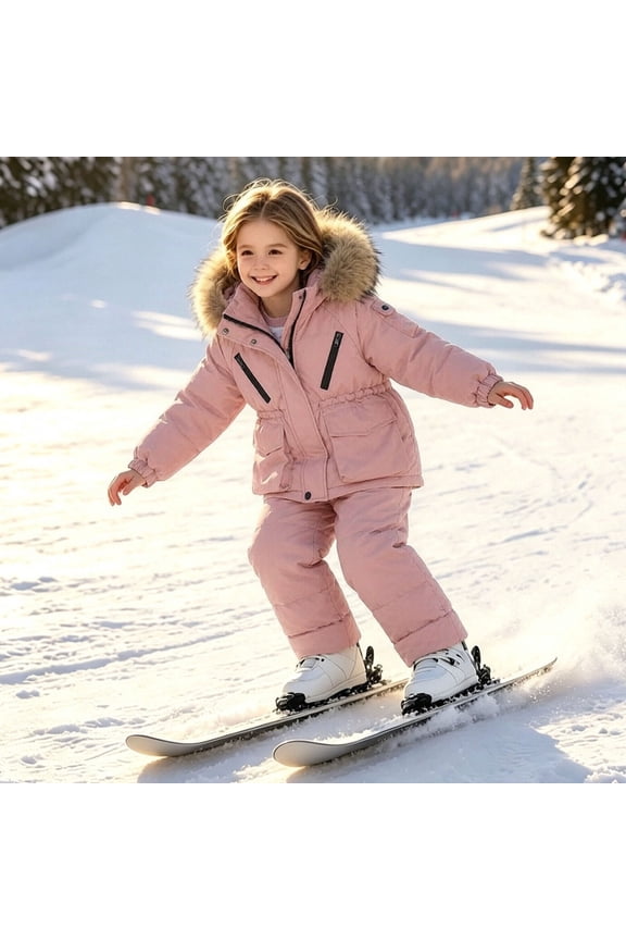 Kids Red Puffer Snowsuit Set - Fur Hood Jacket and Snow Pants for Winter, Toddler