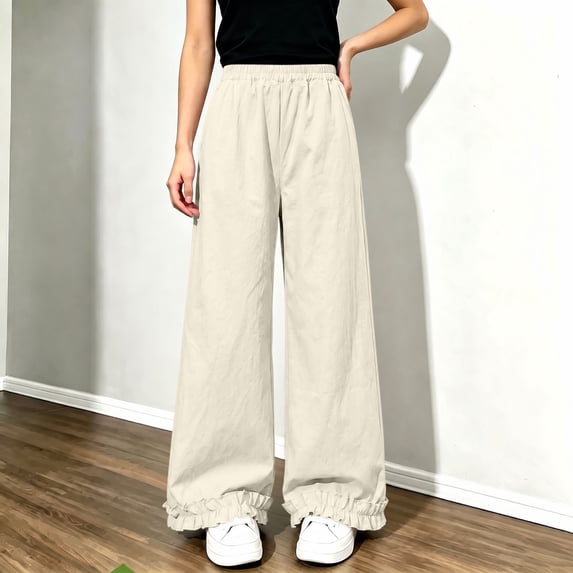 LvhaoGJOB Kids' Wide-Leg Pants - Soft, Elastic Waist & Pockets - Beige 7-8 Years