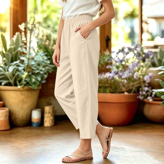 LvhaoGJOB Kids' Wide-Leg Pants - Soft, Elastic Waist & Pockets - Beige 9-10 Years