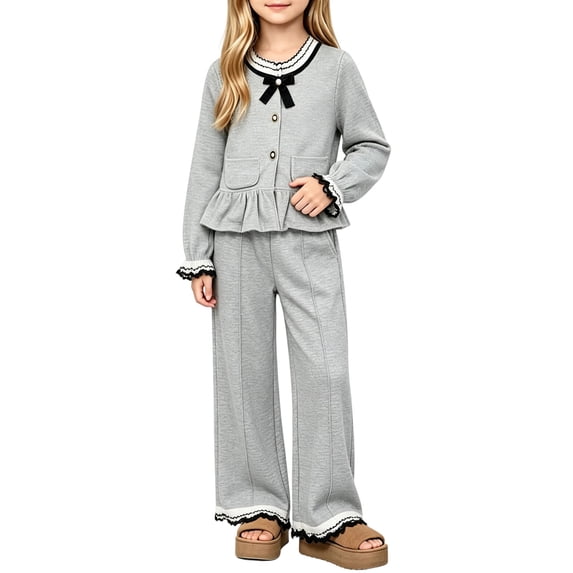 LvhaoGJOB Little Kids Girls Cardigan and Pants Outfit Set, Gray - bow detail, scalloped lace cuffs