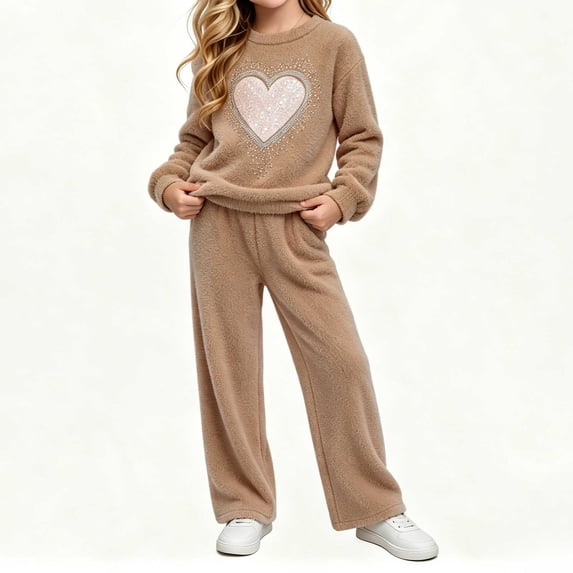 LvhaoGJOB Little Kids Girls Sweatshirt and Pants Outfit Set, Brown - teddy fleece