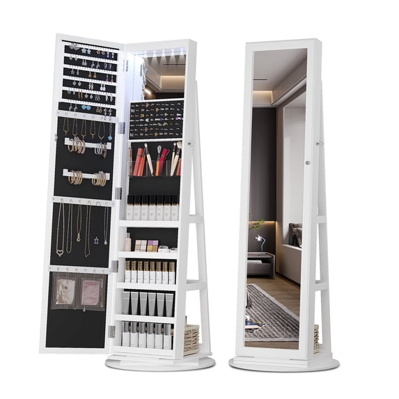 Lvifur 360° Swivel LED Jewelry Cabinet,Full Length Mirror Large Capacity Jewelry Armoire Organizer with 6 LED Lights, Lockable Floor Standing Mirror With Back Rear Storage, White