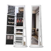 Lvifur 360  Swivel LED Jewelry Cabinet,Full Length Mirror Large Capacity Jewelry Armoire Organizer with 6 LED Lights, Lockable Floor Standing Mirror With Back Rear Storage, White