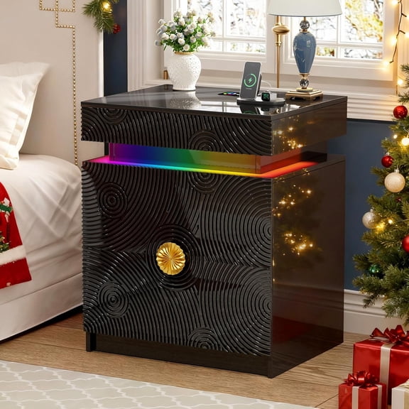 Lvifur LED Night Stand - with RGB Light, Nightstand with a Lockable Hidden Drawer and 2 Drawer, Smart Bedside Table with Auto Sensor, USB&Type-C for Bedroom, Modern Sofa End Table - Black