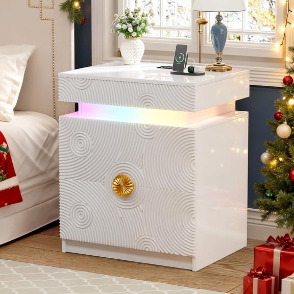 Lvifur LED Nightstand - with RGB Light, Night Stand with a Lockable Hidden Drawer and 2 Drawer, Smart Bedside Table with Auto Sensor, USB&Type-C for Bedroom, Modern Sofa End Table - White