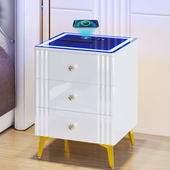 Lvifur LED Nightstand with Wireless Charging Station,Smart Bedside Table with Glass Desktop, USB & Type-C Port,Human Body Sensor, High Gloss White
