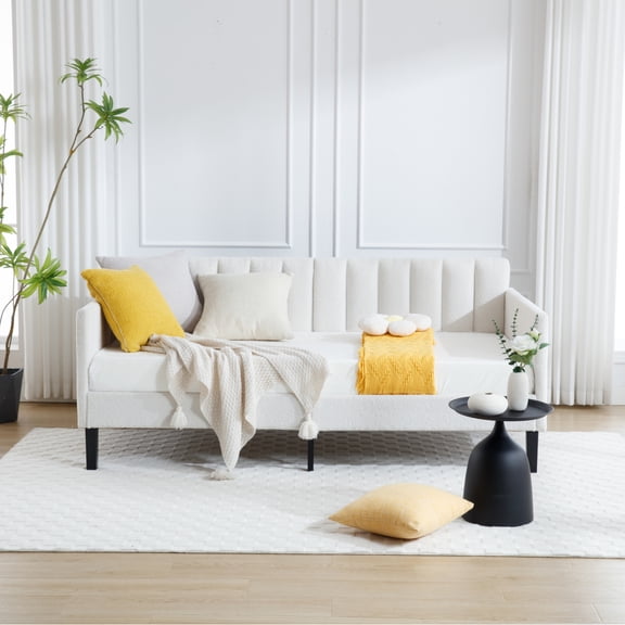 Lvory Boucle Twin Size Daybed by Elena - Ribbed Tufted Backrest, Lavish Modern Design & Plush Foam