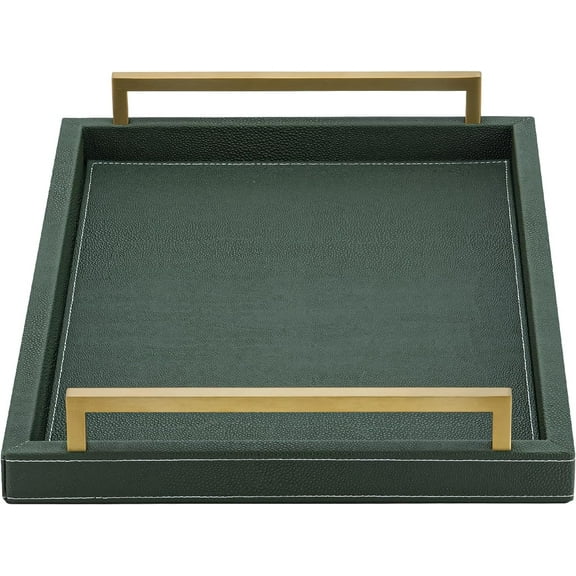 Lvory Shagreen Decorative Tray Large Rectangle Coffee Table Tray for Ottoman Faux Leather Serving Tray with Brushed Gold Handles