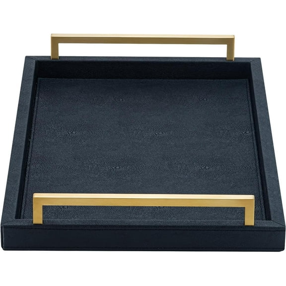 Lvory Shagreen Decorative Tray Large Rectangle Coffee Table Tray for Ottoman Faux Leather Serving Tray with Brushed Gold Handles