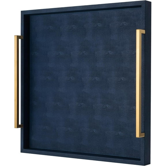Lvory Shagreen Decorative Tray Large Rectangle Coffee Table Tray for Ottoman Faux Leather Serving Tray with Brushed Gold Handles