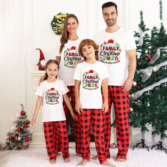 Lvotionpl 2026 Matching Family Christmas Pajamas Set, Christmas PJs Short Sleeve Top and Pants, Holiday Sleepwear, Xmas Pajama Sets