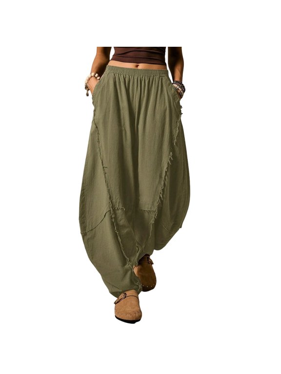 Women's Frayed Hem Military Green Knit Flare Pants Boho Pants For Women Harem Pants Women Loose Pants