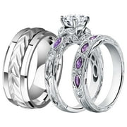 RINGHEART Lvrong Couple Rings His Her Wedding Ring Sets Matching Rings White Gold Plated Purple CZ Ring Titanium Men Ring