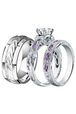 Couple Rings His Her Wedding Ring Sets Matching Rings White Gold Plated Purple CZ Ring Titanium Men Ring