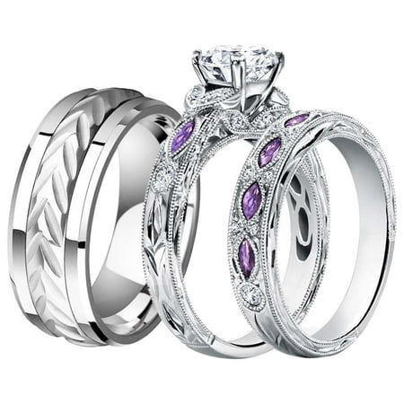 Ringheart Couple Rings His Her Wedding Ring Sets Matching Rings White Gold Plated Purple CZ Ring Titanium Men Ring