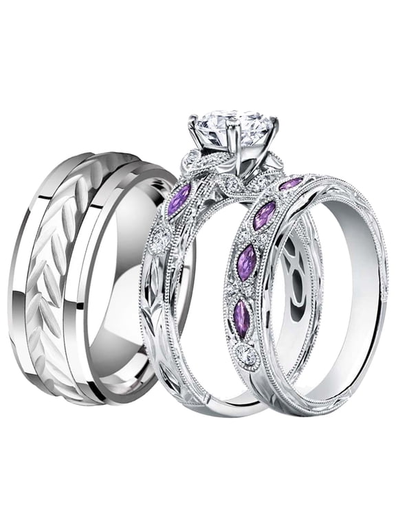 Couple Rings His Her Wedding Ring Sets Matching Rings White Gold Plated Purple CZ Ring Titanium Men Ring