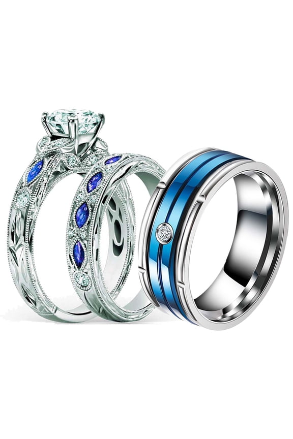 Couple Rings His Her Wedding Ring Sets Matching Rings White Gold Plated Blue CZ Ring Titanium Men Ring