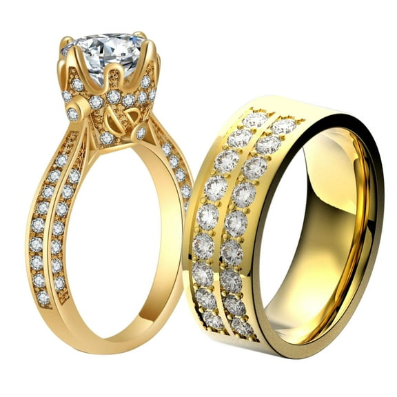 Lvrong Matching Rings Yellow Gold Plated AAA CZ Women Ring Couple Rings Wedding Band His and Her Ring