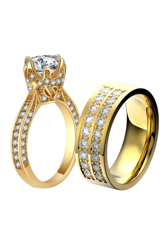 Lvrong Matching Rings Yellow Gold Plated AAA CZ Women Ring Couple Rings Wedding Band His and Her Ring