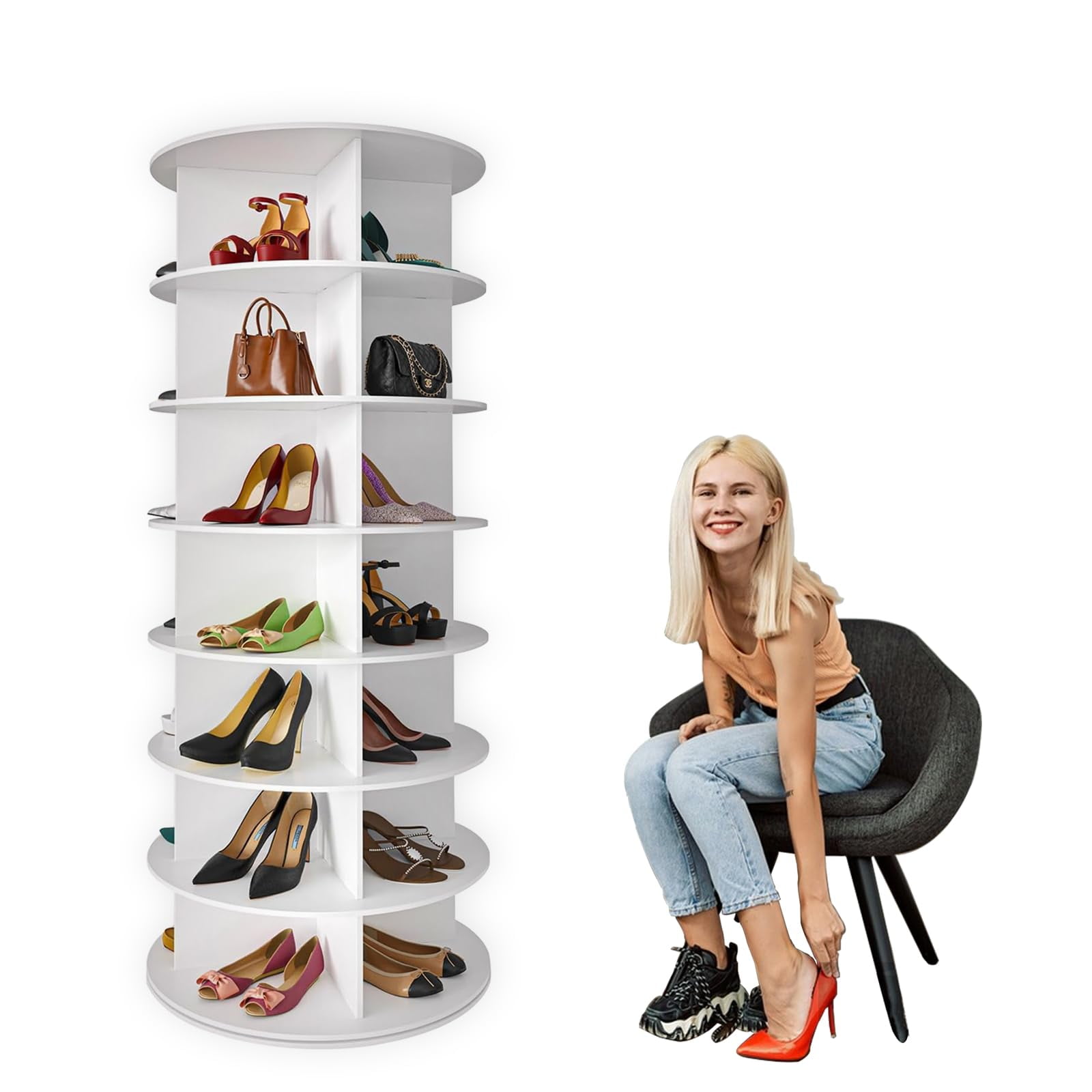 Modern Shoe Cabinet, Wooden Rotating Shoe Rack Tower, 4-Tier Revolving
